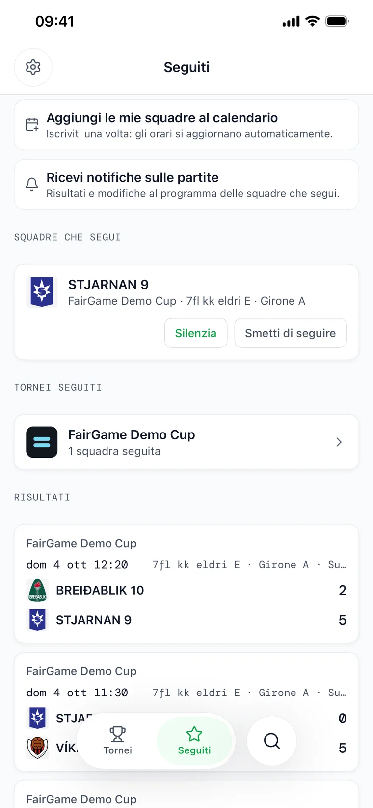 La scheda Seguiti di FairGame Sports: controlli per le notifiche delle partite e il calendario sopra un elenco di squadre seguite e un punteggio in tempo reale