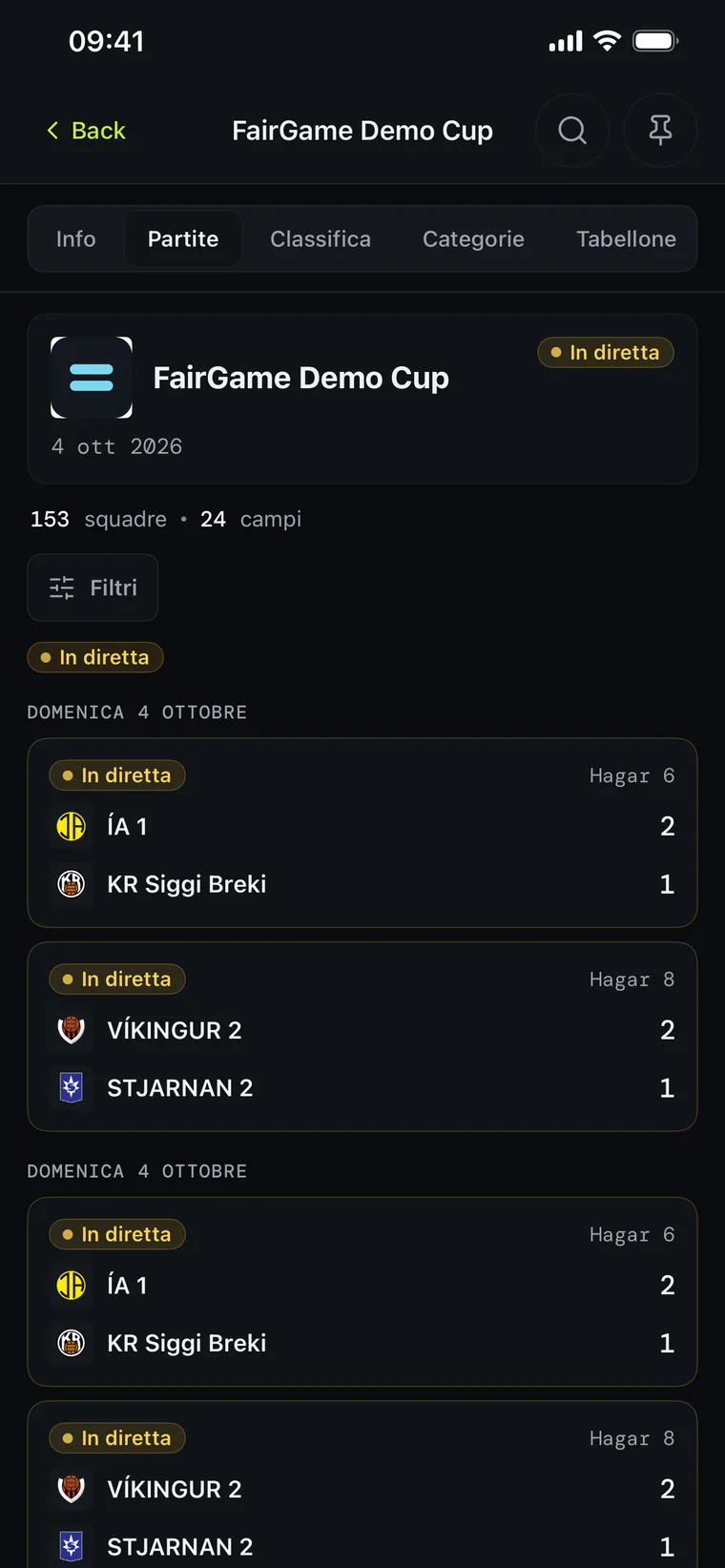 FairGame Sports in modalità scura che mostra i punteggi delle partite in tempo reale su diversi campi