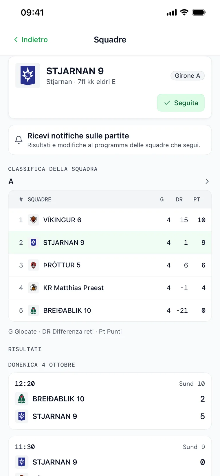 La pagina di una squadra in FairGame Sports con un pulsante Segui, la classifica del girone in tempo reale e la prossima partita della squadra