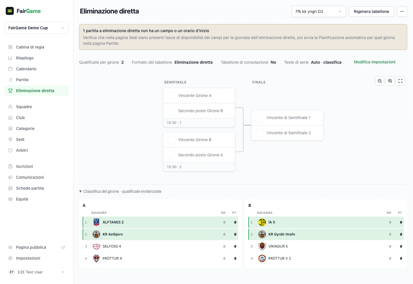 Un tabellone a eliminazione provvisorio con impostazioni di qualificazione e teste di serie