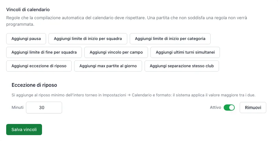 Regole di programmazione con un riposo obbligatorio per le squadre