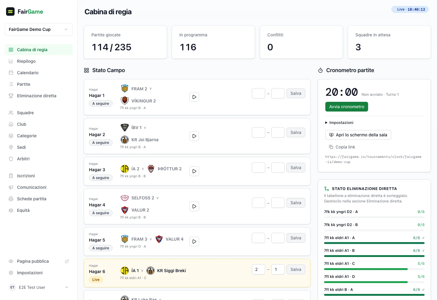 Dashboard della sala di controllo di FairGame che monitora in tempo reale ogni campo, lo stato del calendario e la preparazione per l'eliminazione diretta
