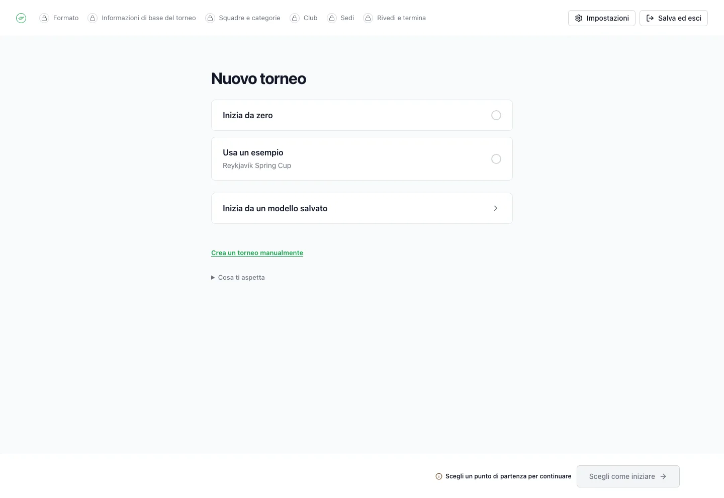 La procedura guidata di FairGame mostra i passaggi di configurazione e l’opzione per iniziare con un torneo di esempio