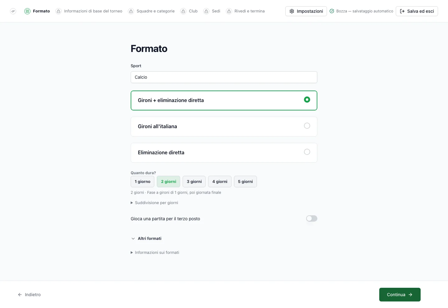 Procedura guidata di FairGame per la configurazione del torneo