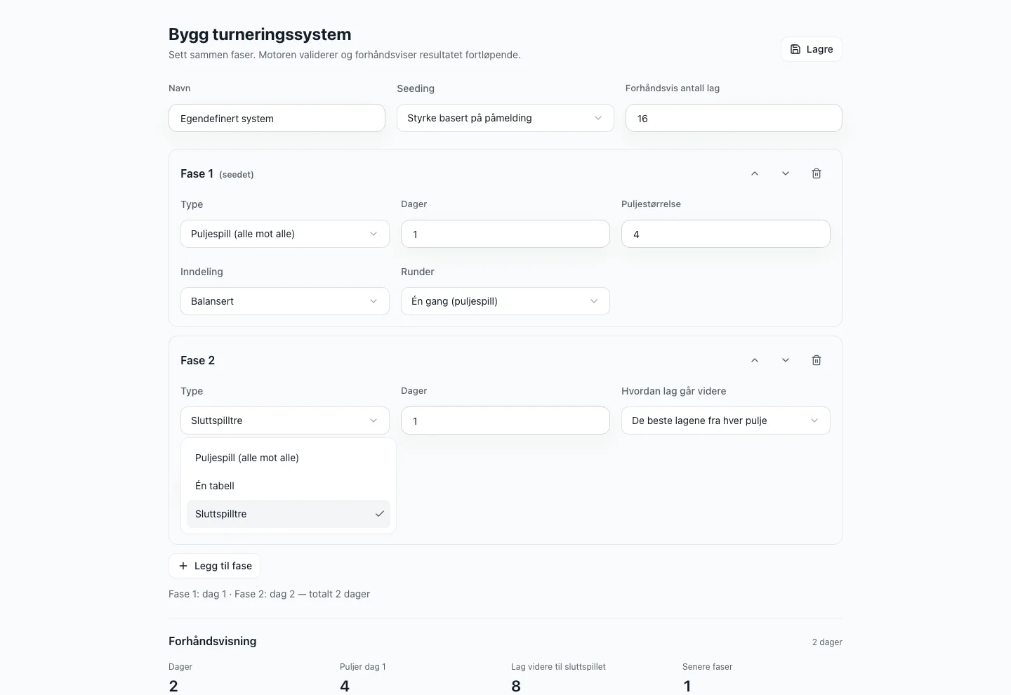 FairGames formatbygger setter sammen en puljefase med puljespill og et sluttspilltre, med en direkte forhåndsvisning av systemet