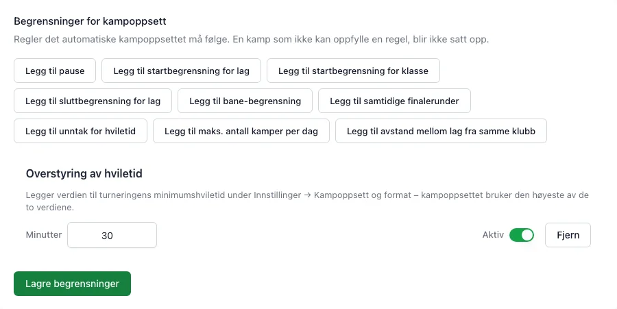 Planleggingsregler med påkrevd hviletid for lag