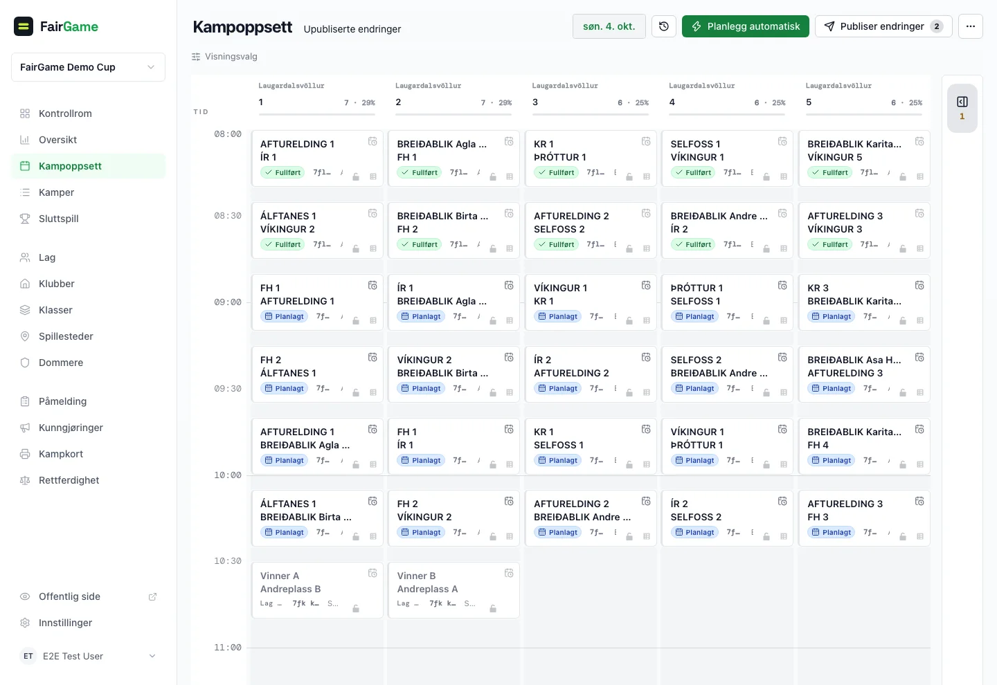 FairGames kampoppsett med kamper etter bane og tid