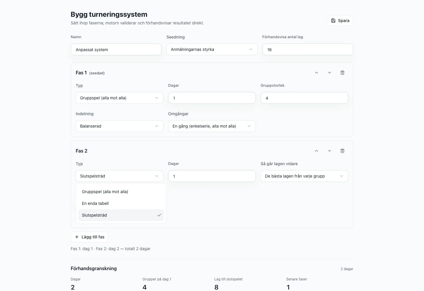 FairGame-verktyg för anpassade format som bygger en gruppfas med alla mot alla följd av ett slutspelsträd, med liveförhandsvisning av systemet