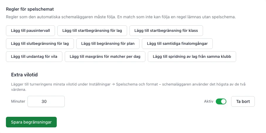 Schemaläggningsregler med obligatorisk vila för lagen