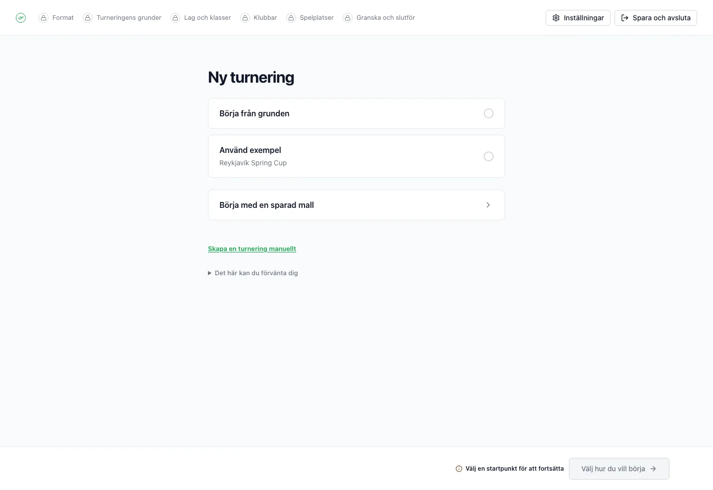 FairGames installationsguide visar stegen för att skapa en turnering och möjligheten att börja med en exempelturnering