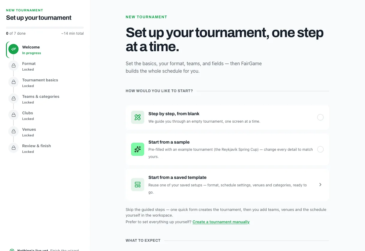 FairGames opsætningsguide, første trin, med alle syv trin og tidsestimater på i alt cirka 14 minutter samt muligheden “Start med et eksempel”, der udfylder en eksempelturnering, som du kan tilpasse til din egen