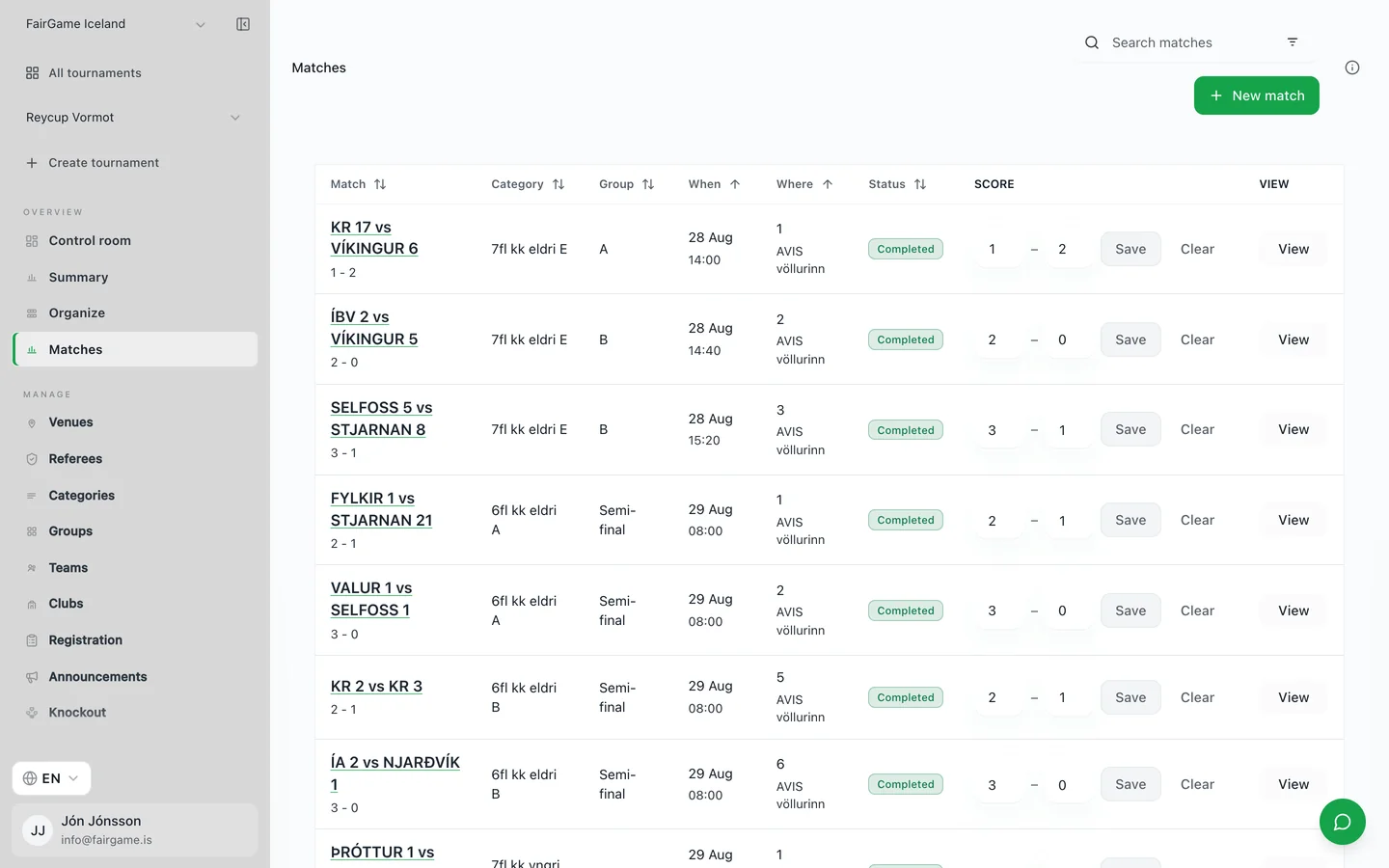 FairGame's match list — every fixture with its time, pitch, group and score in one table, the kind of list organizers otherwise keep in a spreadsheet