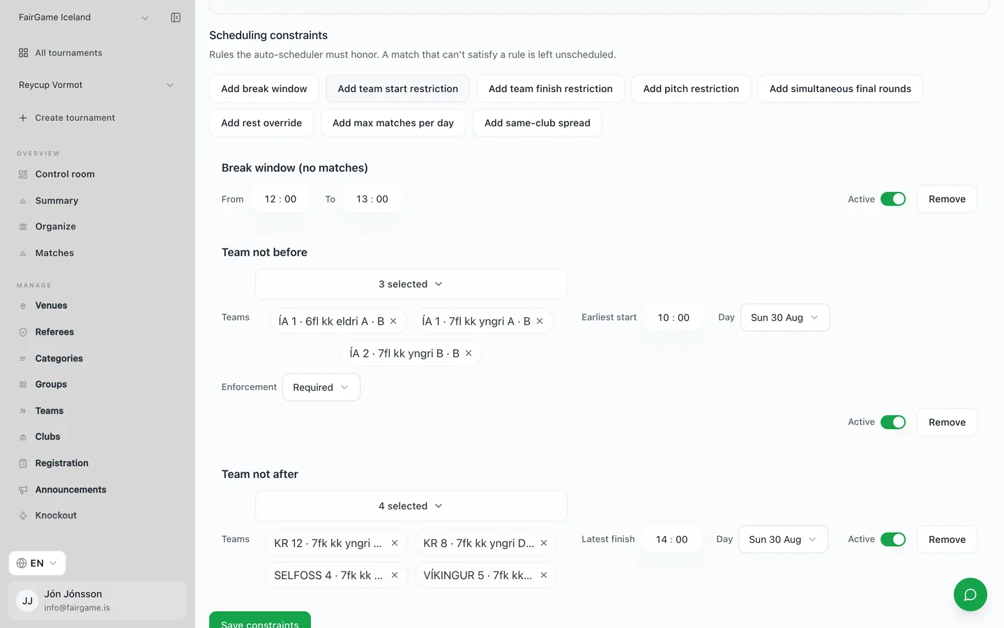 Rules the auto-scheduler must honor. Set each one to required or preferred, and toggle it off without deleting it. FairGame's scheduling constraints panel with a midday break window and a team start restriction, each with an active toggle and an enforcement setting of required or preferred