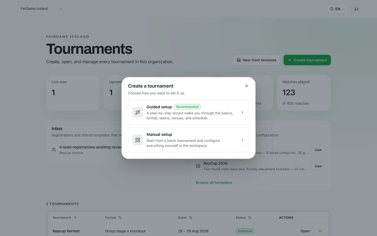 Two ways in — the guided wizard for a first tournament, manual setup when you already know the shape of yours. FairGame's create-a-tournament dialog offering a recommended guided setup wizard or a manual setup that starts from a blank tournament