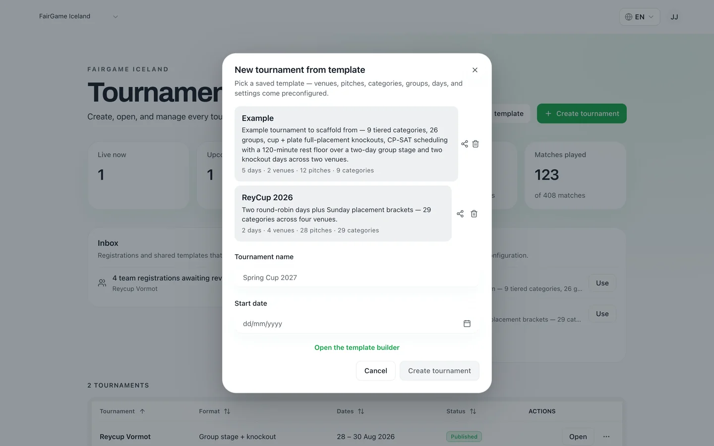 A saved template carries the whole structure forward — here five days, two venues, twelve pitches and nine categories. FairGame's new-tournament-from-template dialog showing a saved template with its day, venue, pitch and category counts, a name and start date for the new edition, and a link to the template builder